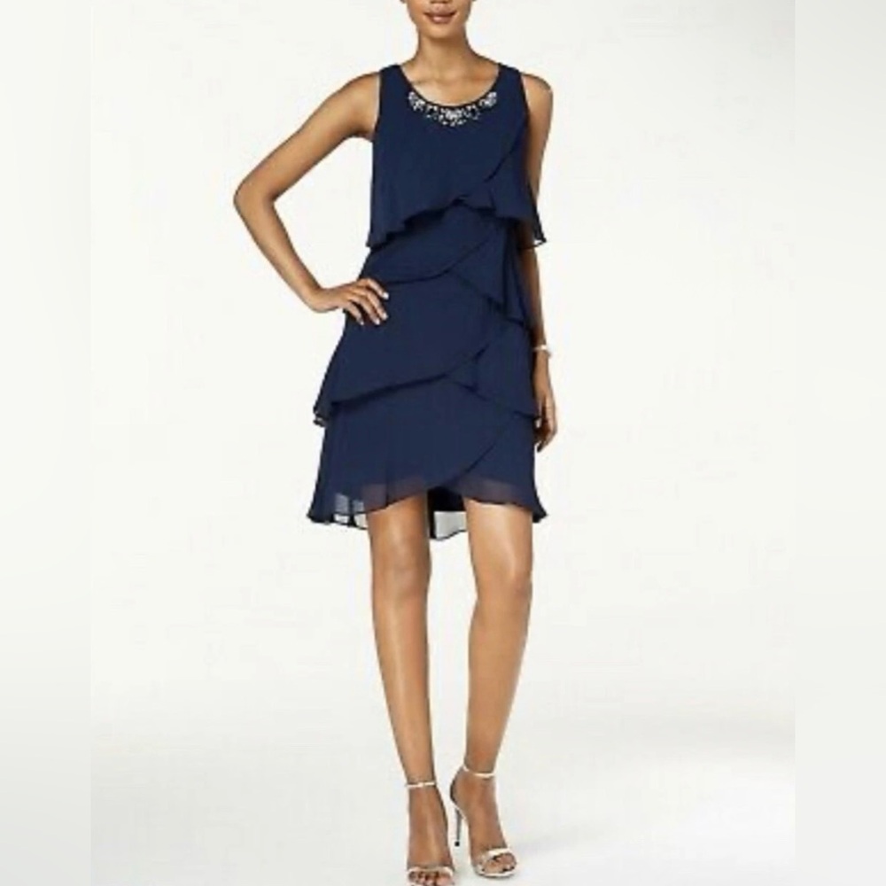 SLNY Navy Blue Tiered Chiffon‎ Beaded Neck Flouncy Dance Cocktail Dress 24W Plus